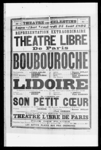 Boubouroche : pièce en deux actes. Représentation du Théâtre libre de Paris. Auteur : Georges Courteline.