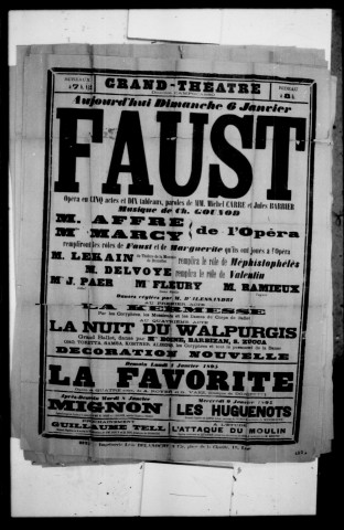Faust : opéra en cinq actes et dix tableaux. Compositeur : Charles Gounod. Auteurs du livret : Michel Carré et Jules Barbier.