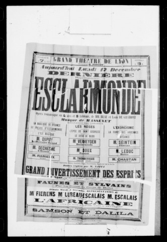 Esclarmonde : opéra romanesque en quatre actes et huit tableaux. Compositeur : Jules Massenet. Auteurs du livret : Blau et Louis de Gramont.