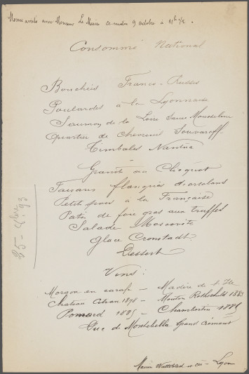 1140WP 5 - Menu pour le repas de réception des officiers de l’escadre russe à l’Hôtel de Ville, 9 ocotbre 1893.