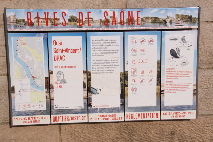Quai Joseph-Gillet, vers Serin Sud - DRAC, panneaux.