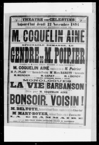 Gendre de monsieur Poirier (Le) : comédie en quatre actes. Représentation Coquelin aîné. Auteurs : Emile Augier et Jules Sandeau.