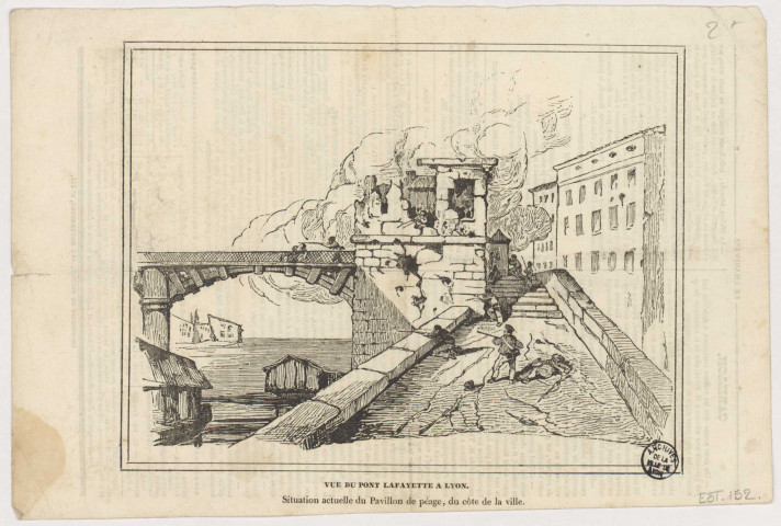 Vue du pont Lafayette à Lyon. Situation du pavillon de péage du pont Lafayette, du côté de la ville.