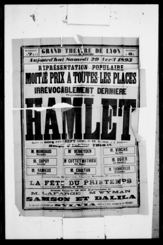 Hamlet : opéra en cinq actes et sept tableaux. Compositeur : Ambroise Thomas. Auteurs du livret : Jules Barbier et Michel Carré.