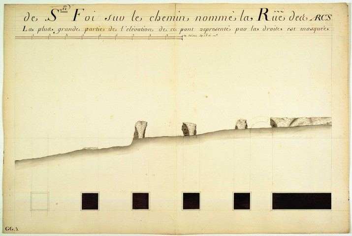 Plan et élévation des ruines du pont-aqueduc du Mont-Pilat situé dans la paroisse de Sainte-Foy.