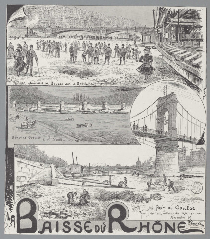 La baisse du Rhône : joueurs de boules sur le Rhône, bancs de gravier à Saint-Clair, au pont du Collège (vue prise du milieu du Rhône).