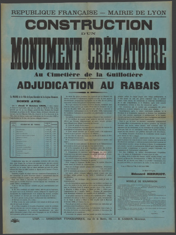 Construction d'un monument crématoire au cimetière de la Guillotière, adjudication au rabais : affiche.