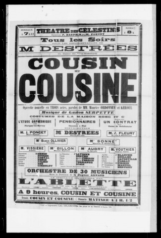 Cousin et cousine : opérette nouvelle en trois actes. Compositeur : Gaston Serpette. Auteurs du livret : Maurice Ordonneau et Keroul.