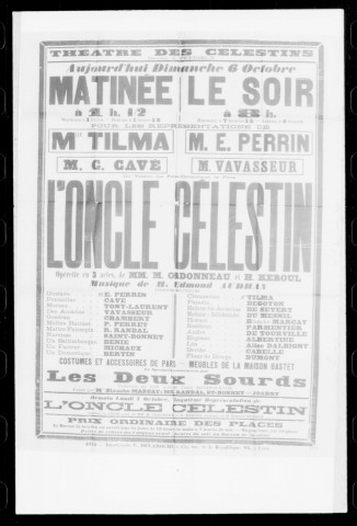 Oncle Célestin (L') : opérette en trois actes. Compositeur : Edmond Audran. Auteurs du livret : Maurice Ordonneau et H. Keroul.