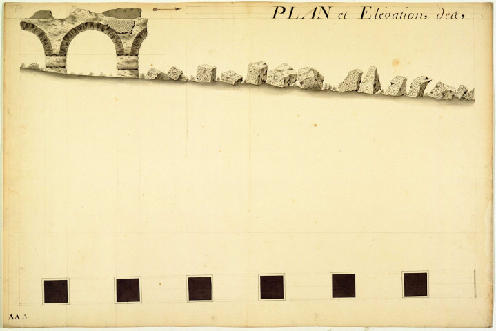 Plan et élévation des ruines du pont-chaussée-aqueduc, tour du réservoir et rampe des siphons de la conduite des eaux du Mont-Pilat.