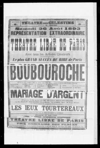 Mariage d'argent : pièce en un acte. Représentation du Théâtre libre de Paris. Auteur : Eugène Bourgeois.