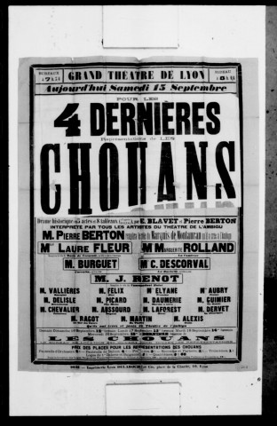 Chouans (Les) : drame historique en cinq actes et huit tableaux. Représentation du théâtre de l'Ambigu. Auteurs : E. Blavet et Pierre Berton.
