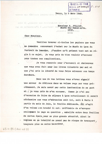 Dernières démarches pour l'achat du portrait Demothe et excuses pour une erreur de dédicace dans un volume envoyé au Musée, que Matisse s'engage à corriger.