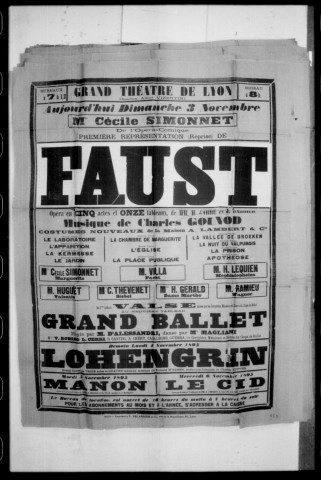 Faust : opéra en cinq actes et onze tableaux. Compositeur : Charles Gounod. Auteurs du livret : Michel Carré et Jules Barbier.