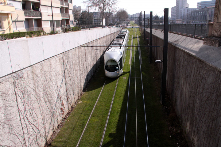 Rue Marius-Berliet, vers l'avenue des Frères-Lumière, vue sur le tramway.