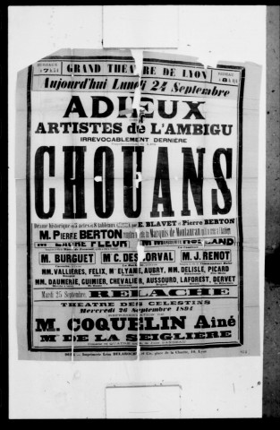 Chouans (Les) : drame historique en cinq actes et huit tableaux. Représentation du théâtre de l'Ambigu. Auteurs : E. Blavet et Pierre Berton.