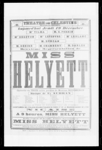 Miss Helyett : opérette en trois actes. Compositeur : Edmond Audran. Auteur du livret : Maxime Boucheron.