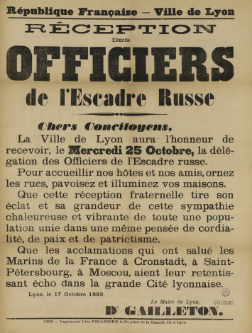 6FI 5995 - Affiche appelant les Lyonnais à célébrer le passage de l’escadre russe, 17 octobre 1893.