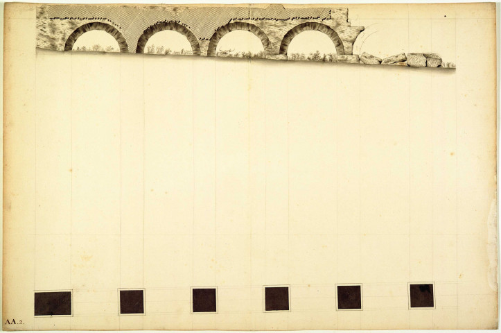 Plan et élévation des ruines du pont-chaussée-aqueduc, tour du réservoir et rampe des siphons de la conduite des eaux du Mont-Pilat.
