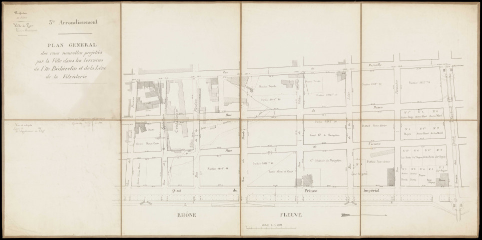 Plan général des rues nouvelles projetées par la ville dans les terrains de Bechevelin et la Lône de la Vitriolerie.