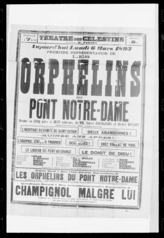 Orphelins du pont Notre-Dame (Les) : drame en cinq actes et huit tableaux. Auteurs : Anicet Bourgeois et Michel Masson.