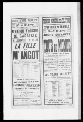 Fille de madame Angot (La) : opérette en trois actes. Compositeur : Charles Lecocq. Auteurs du livret : Clairville, Siraudin et Koning. (Grand-Théâtre).