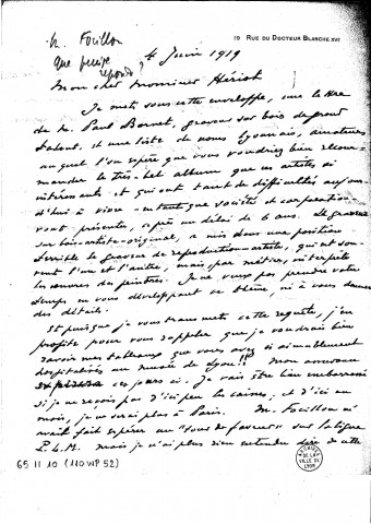 Lettre adressée à Edouard Herriot : recommandation pour Paul Bornet, graveur sur bois, et pour une liste d'artistes qui ont réalisé un album ; réclamation pour ses tableaux "hospitalisés au Musée de Lyon".