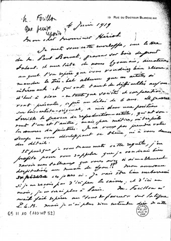 Lettre adressée à Edouard Herriot : recommandation pour Paul Bornet, graveur sur bois, et pour une liste d'artistes qui ont réalisé un album ; réclamation pour ses tableaux "hospitalisés au Musée de Lyon".