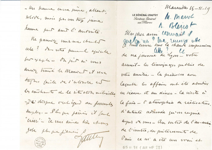Suite à sa visite à Lyon, demande au maire dont il admire l'équipe, d'un renfort énergique pour seconder M. Malet, directeur de la colonisation et de l'agriculture au Maroc.