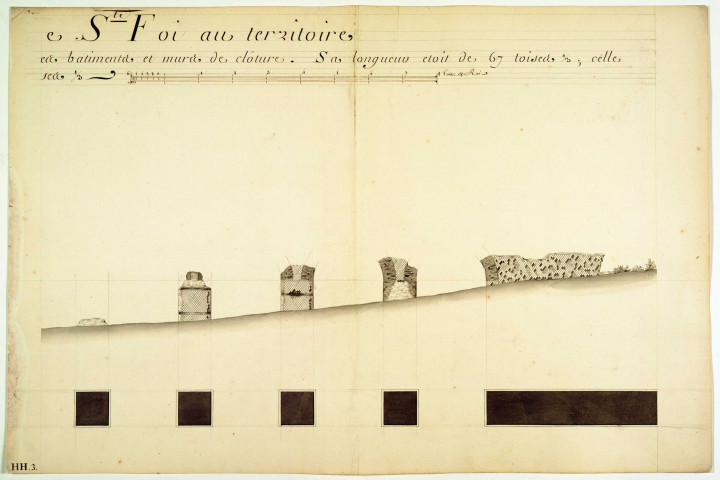 Plan et élévation des ruines du pont-aqueduc du Mont-Pilat dans la paroisse de Sainte-Foy.