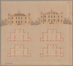 Projet de villa avec variante au niveau du toit mansardé (plan du rez-de-chaussée, du premier étage, élévation de la façade principale pour chaque variante)