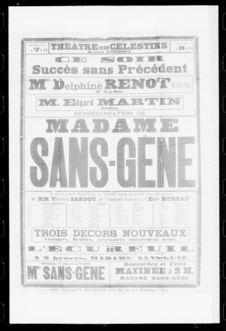 Madame Sans-Gêne : pièce à grand spectacle en trois actes précédés d'un prologue. Auteurs : Victorien Sardou et Emile Moreau.