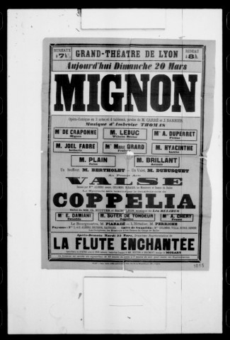 Mignon : opéra-comique en trois actes et quatre tableaux. Compositeur : Ambroise Thomas. Auteurs du livret : Michel Carré et Jules Barbier.
