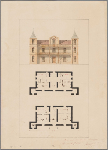 Elévation et plan des deux premiers niveaux d'une villa ou maison de campagne