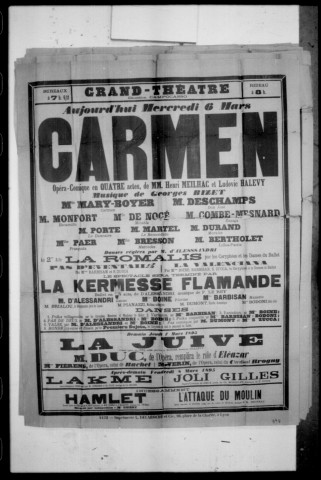 Carmen : opéra-comique en quatre actes. Compositeur : Georges Bizet. Auteurs du livret : Henri Meilhac et Ludovic Halévy.