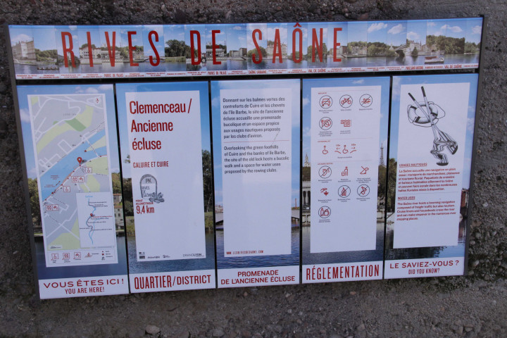 Rives de Saône, vers Saint-Rambert-L'Ile-Barbe, panneaux d'information.