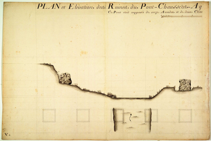 Plan et élévation des ruines du pont-chaussées-aqueduc sur le ruisseau du Mornantet paroisse de Mornant.