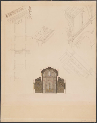 Coupe d'une chapelle (dessin aquarellé) et 4 dessins à la plume pour des élévations, l'entablement et le plafond en caissons