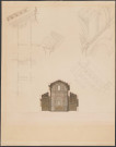Coupe d'une chapelle (dessin aquarellé) et 4 dessins à la plume pour des élévations, l'entablement et le plafond en caissons