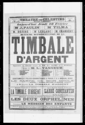 Timbale d'argent (La) : opérette en trois actes. Compositeur : Léon Vasseur. Auteurs du livret : Ad. Jaime et J. Noriac.