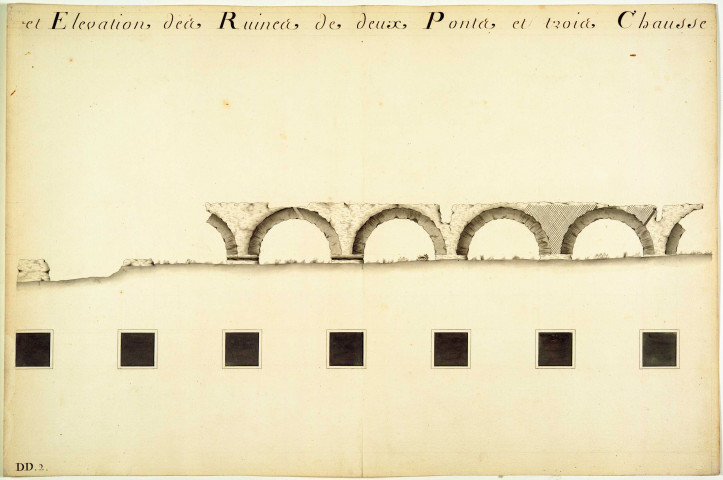 Plan et élévation des ruines de deux ponts et trois chaussées-aqueduc du Mont-Pilat.