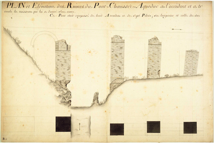 Plan et élévation des ruines du pont-chaussée-aqueduc à l'occident et à trois cents toises de Saint-Chamond.