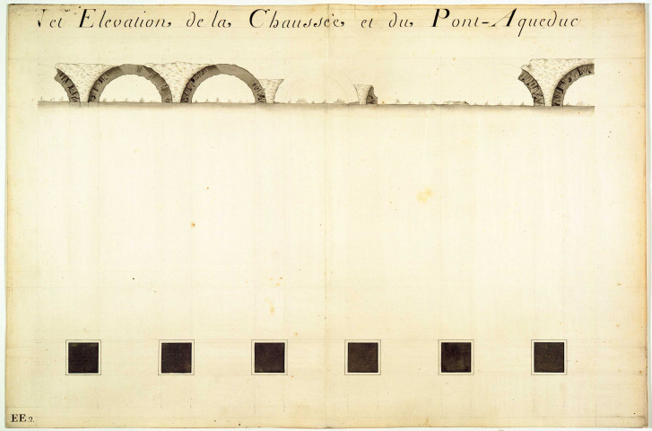 Plan et élévation de la chaussée et du pont-aqueduc du Mont-Pilat avec la tour du réservoir de chasse et la rampe des siphons situés dans la paroisse de Chaponost.