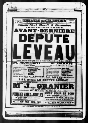 Député Leveau (Le) : comédie nouvelle en quatre actes. Auteur : Jules Lemaitre.