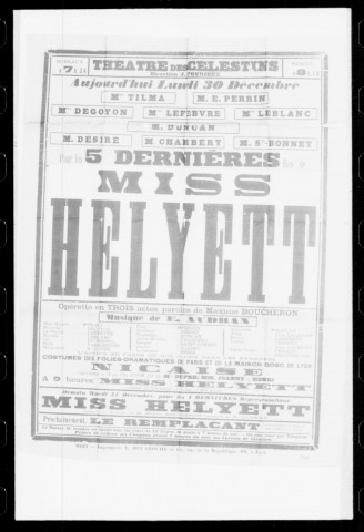 Miss Helyett : opérette en trois actes. Compositeur : Edmond Audran. Auteur du livret : Maxime Boucheron.