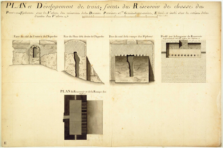 Plan et développement de trois faces du réservoir de chasse du pont à siphons sur le vallon du ruisseau de la Durèze, Paroisse Saint-Genis-Terre-Noire.