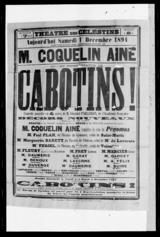 Cabotins ! : comédie nouvelle en quatre actes. Représentation Coquelin aîné. Auteur : Edouard Pailleron.