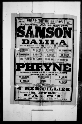 Samson et Dalila : opéra en trois actes et cinq tableaux. Compositeur : Camille Saint-Saëns. Auteur du livret : Ferdinand Lemaire.