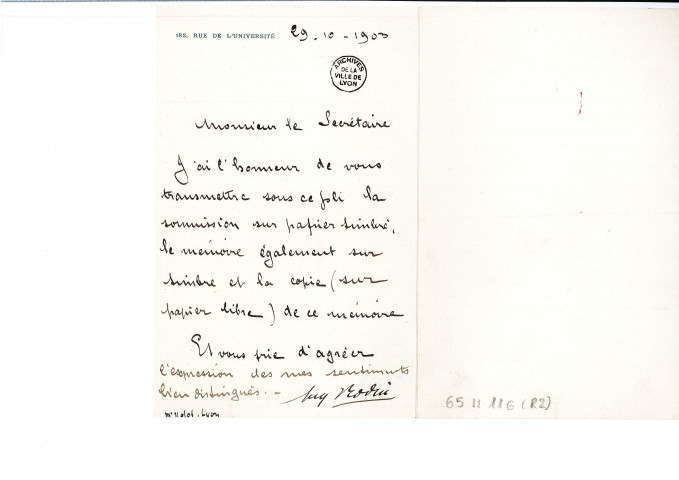 Note adressée au secrétaire des musées de Lyon, accompagnant des documents (soumission, mémoire, copie du mémoire).