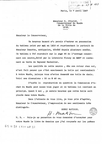 Proposition de vente au musée du portrait de M. Demothe, retrouvé par hasard.